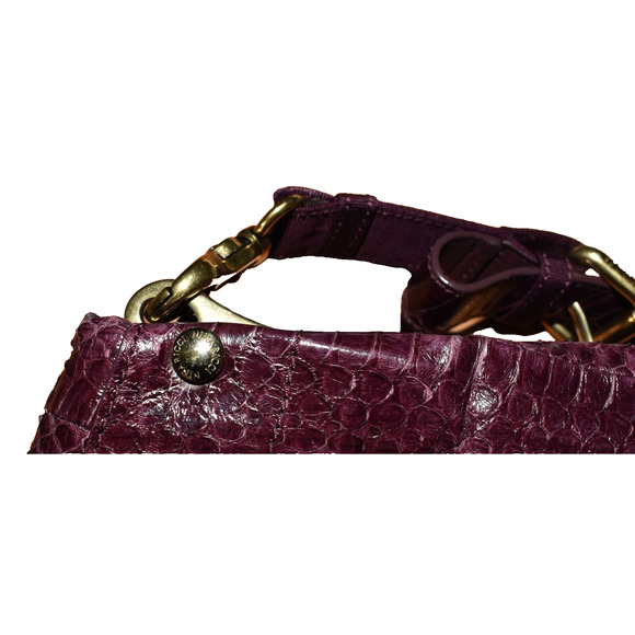 Auth NINA RICCI Drk Raspberry Python Texture Leather Fold Over Liane Satchel Bag - Picture 10 of 12